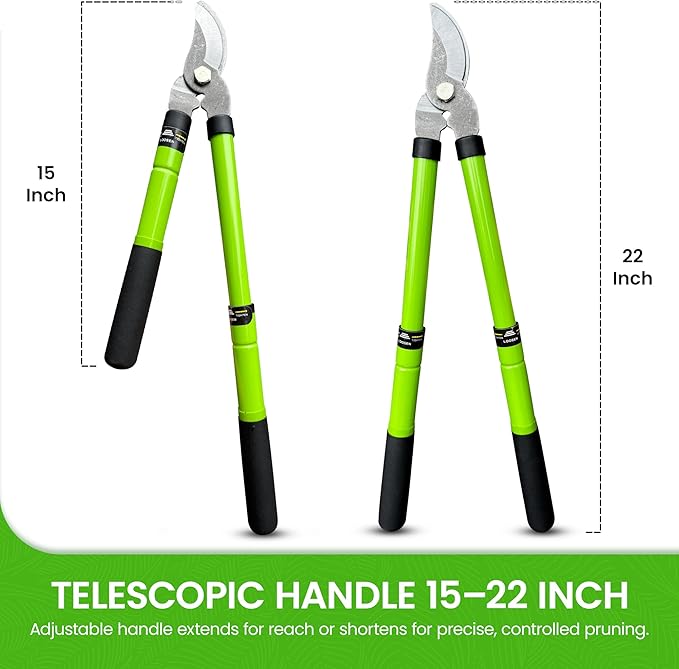 Garden Guru Bypass Loppers Tree Trimmer Clipper w/Telescopic Handle 15–22" - High Carbon Steel Blade Gardening Loppers Pruning Shear - Comfort Grip Handles – Branch Cutter (2 Pack)