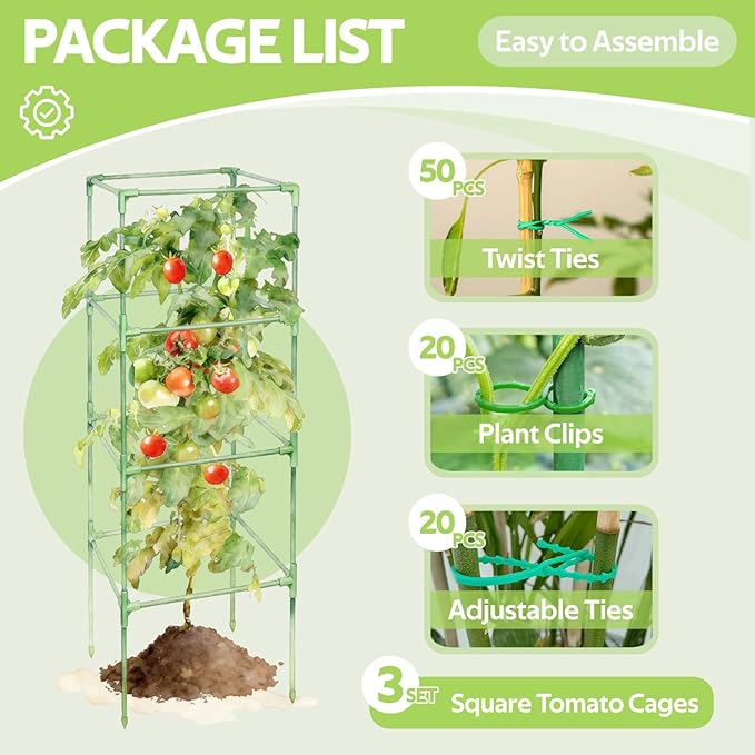 3 Pack Tomato Cages for Garden - 48" Square Tomato Cage for Pots & Raised Garden Bed - Heavy Duty Tall Tomatoes Trellis Plant Stakes Support for Vertical Climbing Plants Vegetables & Flowers