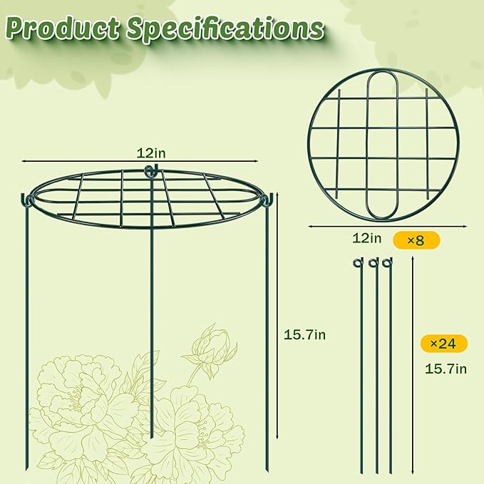 8 Pack 12 x 15.7 inch Peony Cages and Supports,Metal Grow Through Plant Supports for Outdoor Plants,Flowers Support Rings Top-Heavy Plant Brace Support Hoop for Vegetables,Rose,Tomato,Orchids
