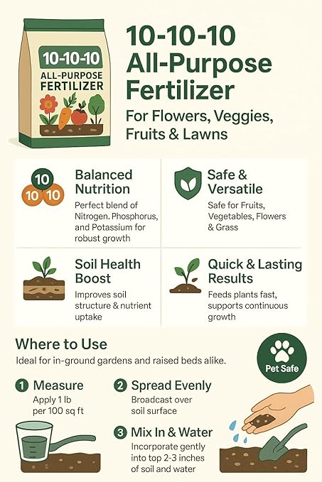 10-10-10 General All Purpose Fertilizer for Flowers and Vegetable Beds - Raised Garden Beds - Safe for Fruits, Lawns, Grass - Promotes Soil Heath and Growth (10 Pounds)