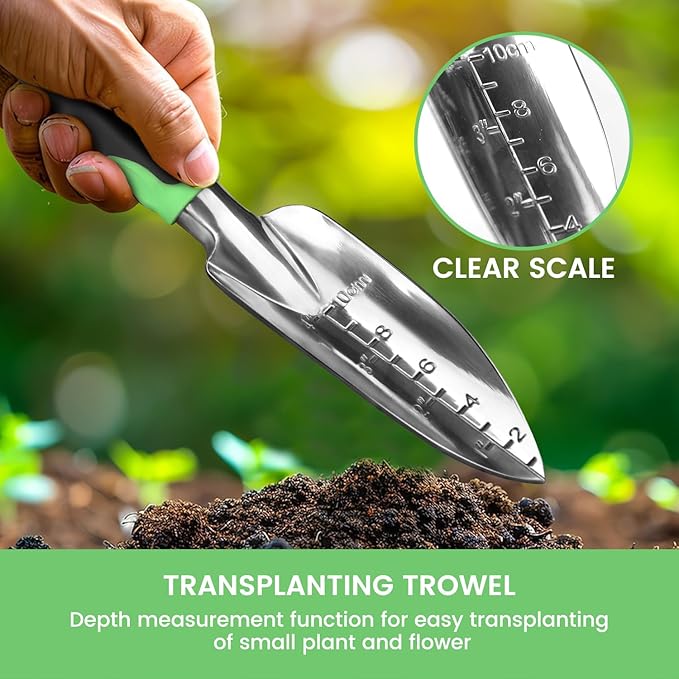 Garden Tool Set, 3 Pack Heavy Duty Gardening Hand Tools with Non-Slip Rubber Handles, Aluminum Alloy Gardening Tool Include Garden Shovel, Transplant Trowel and Hand Rake