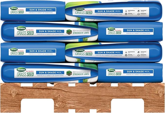 Scotts Turf Builder Grass Seed Sun and Shade Mix Bulk Lawn Seed Pallet, Contains Fertilizer and Soil Improver, Thrives in Many Conditions, 32 lb. Bags, Pallet of 20
