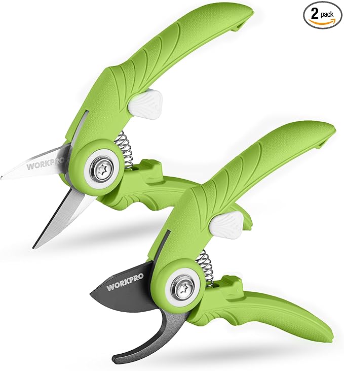 WORKPRO 2 Pack Garden Pruning Shears, 6.9" Bypass & Straight Shears, Premium Gardening Clippers for Flowers, Plants, and Fruit Trimming, Green