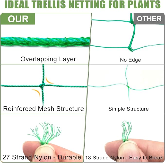 Trellis Netting, Heavy Duty Garden Netting for Trellis for Climbing Plants Outdoor, 9.85x6.6Ft Plant Netting for Cucumber, Tomato, 27 Strands & 4x4 in Mesh, Grow Net for Vine,Fruits, Vegetables, Bean