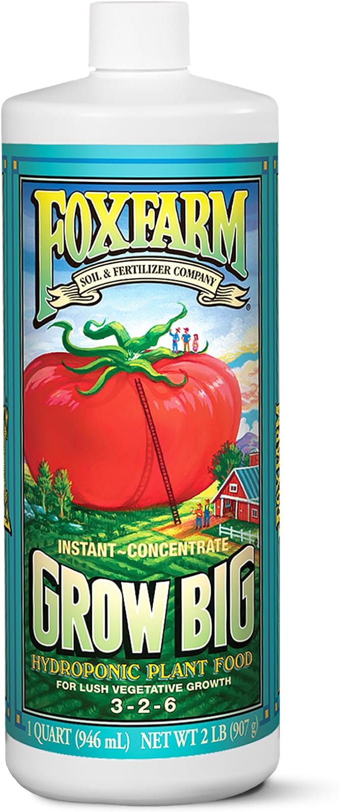 FoxFarm Grow Big Hydroponic Plant Food - 3-2-6 Liquid Plant Fertilizer for Lush Vegetative Growth in Hydroponic Systems - Liquid Concentrate with Earthworm Castings & Micronutrients - 1 Quart
