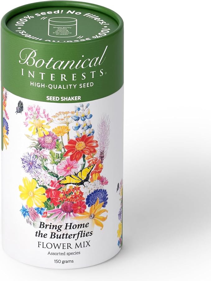 Botanical Interests Butterfly Garden Wildflower Seed Mix Shaker - Covers 1,500 sq ft, 27 Native Flowers & Herbs for Pollinators, Perennial & Annual Seeds for Full Sun, Eco-Friendly Recyclable Tube