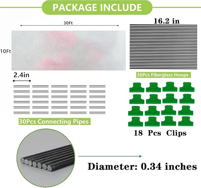 Plant Covers Protection Kit,10Ft x 30Ft 1.0 oz/yd² Reusable Floating Row Cover and 6 Sets of 8FT Fiberglass Garden Hoops for Raised Beds, Freeze Protection Plant Blankets for Cold Weather