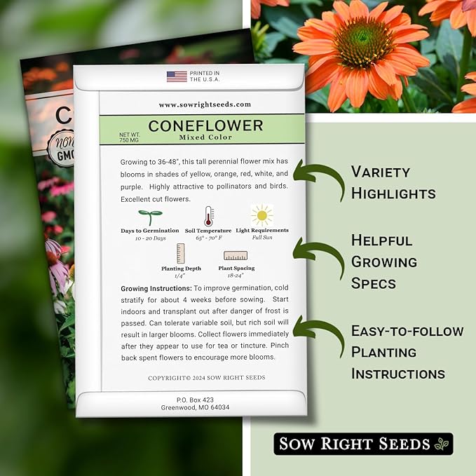 Sow Right Seeds - Mixed Color Coneflower Echinacea Seeds for Planting - Non-GMO Heirloom Ideal for Beautiful Flower Garden - Vibrant Cone Flowers - Perennial Blooms for Outdoor Gardens or Bouquets (1)