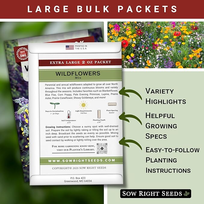 Sow Right Seeds - Bulk Wildflowers Seeds Mix for Planting - Annuals & Perennials - 2 Ounces, 56000 Seeds - Non-GMO Heirloom Jumbo Pack - Colorful Blooms for Home Grown Garden - Attract Pollinators