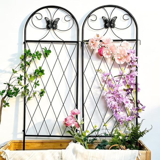 2 Pack Black Garden Trellis for Climbing Plants Outdoor 47” x 16” Climbing Rose Trellis Wrought Iron Trellis Ivy Cucumbers Decorative Metal Flat Trellis