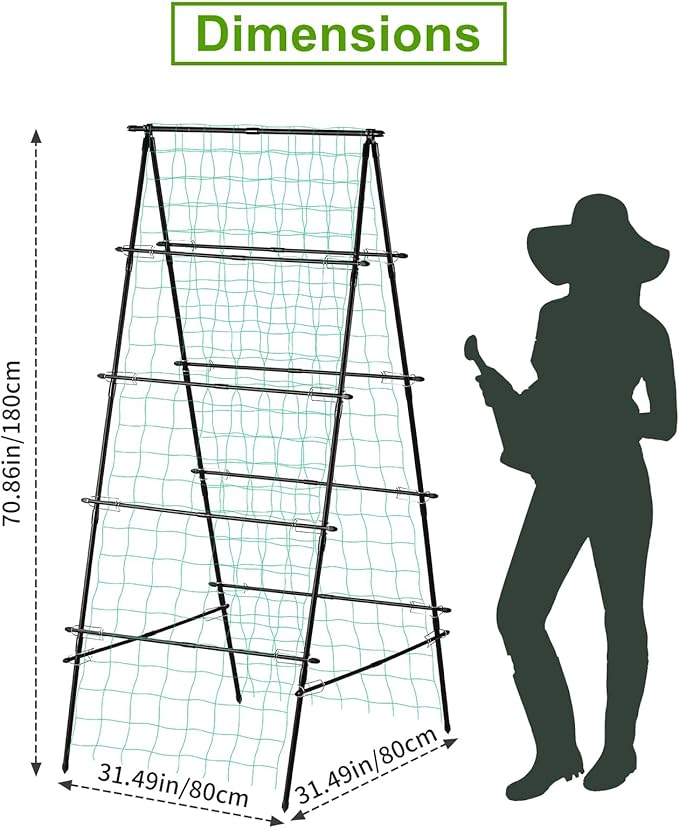 Garden Trellis for Climbing Plants, 71" H x 32" W Metal A-Frame Cucumber Trellis Outdoor Fruits Watermelon Plants Vegetable Tomato Squash Peas Beans, with Netting, Black