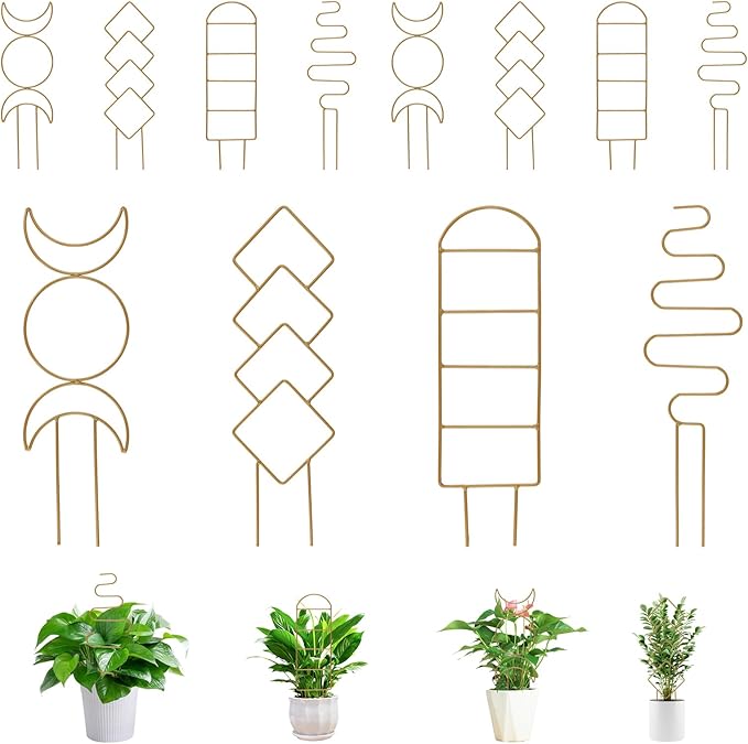 12 Pack Gold Plant Trellis for Potted Plant Indoor, Small Metal Trellis with 4 Different Patterns, Climbing Plant Support for Garden, Houseplant