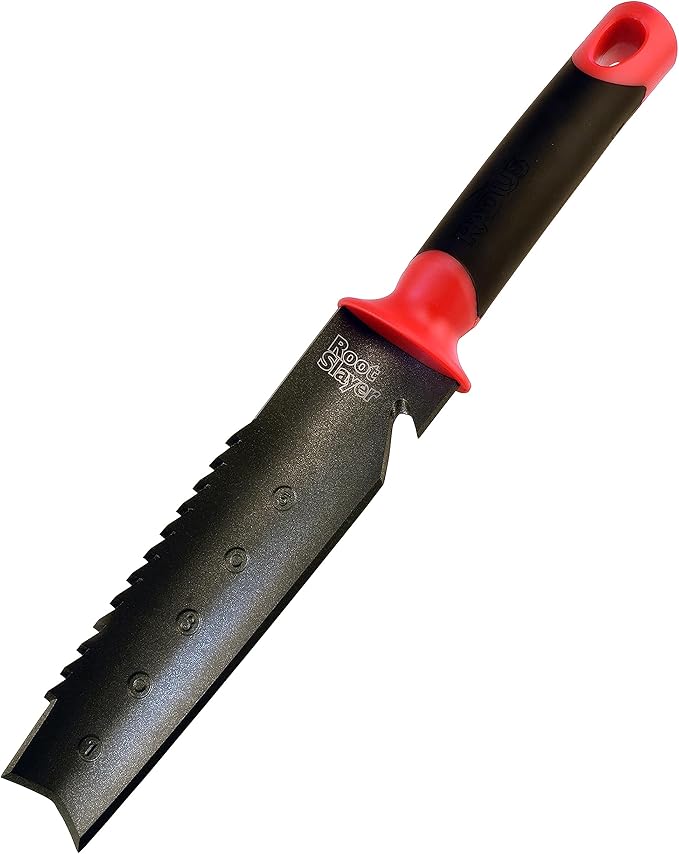 Root Slayer 17211 Garden Soil Knife with Holster for Digging, Weeding, and Root Cutting, Serrated Steel Blade, Red