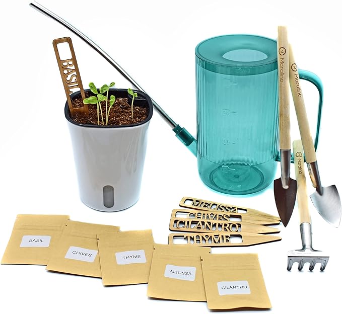 5 Herb Garden Kit Indoor - Kitchen Windowsill Self Watering Herb Garden Kit Indoor Starter Set Grow Organic Seeds Basil, Cilantro, Chives, Thyme, Lemon Balm (Melissa)