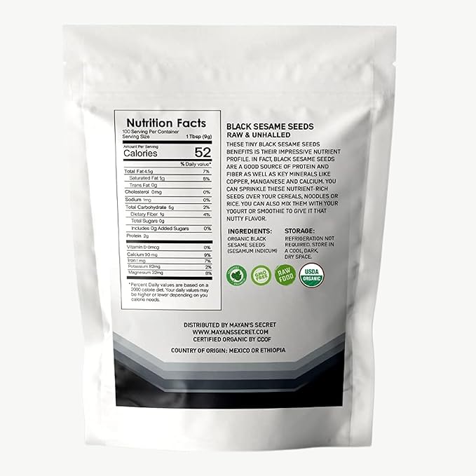 Mayan's Secret - Organic Black Sesame Seeds Raw – USDA Certified, Vegan, Non-GMO, Gluten-Free – High Protein & Nutrient-Rich Superfood – (907g) 2lbs