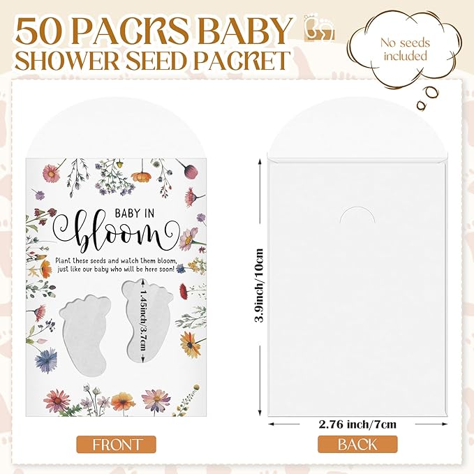 Fumete 50 Pack Footprint Style Baby in Bloom Baby Shower Favor for Guest Wildflower Seeds Packets Party Favor with Love Window Wildflower Seed Envelopes for Wedding Party Gender Reveal