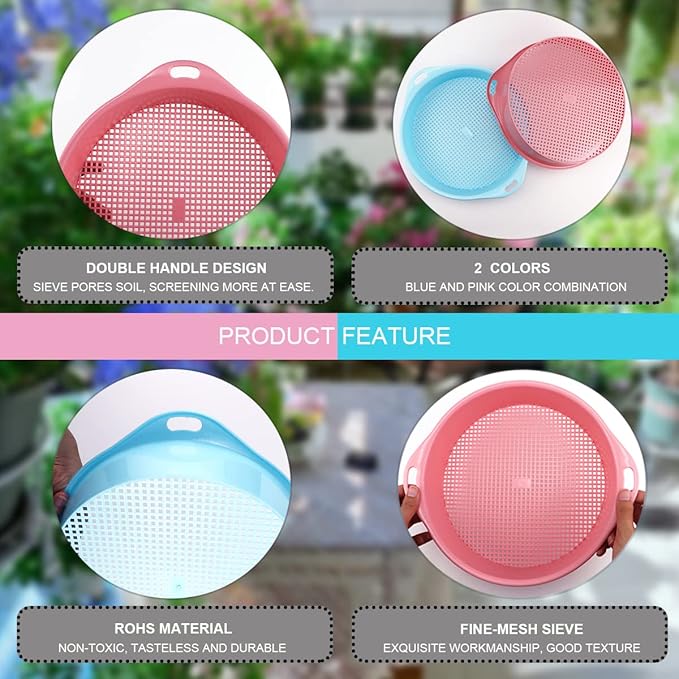 2Pcs Round Garden Soil Sieve with Handle - Plastic Mesh Soil Sifter Set for Small Gravel, Sand