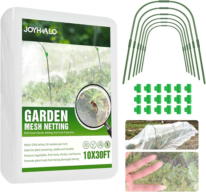 joyhalo Garden Netting for Raised Beds, 6 Sets Garden Hoops with for Raised Beds 10x30 Ft Garden Net, Bird & Cicada Net for Trees, Garden Mesh Netting for Greenhouse, Vegetable, 18 Clips Included