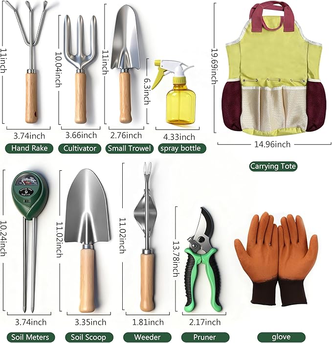 10-Piece Premium Gardening Tool Set—Includes A Moisture Meter, Heavy-Duty Rust-Resistant Stainless Steel Tools with A Storage Carry Bag. The Perfect Gardening Gift for Both Men and Women (Pink)