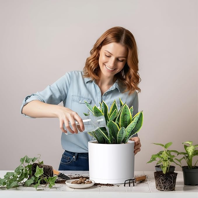 10/9/8 Inch Large Plant Pots with Drainage Holes and Trays, 3 Pack Modern Minimalist Cylinder Planters for Monstera, Snake Plant, Indoor Outdoor (Matte White)