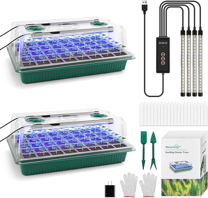BlumWay Seed Starter Tray with Grow Light,2 Pack 80 Cells Seedling Tray Kit with Humidity Dome/Indoor Plant Starter Kit, Adjustable Brightness Plant Germination Trays