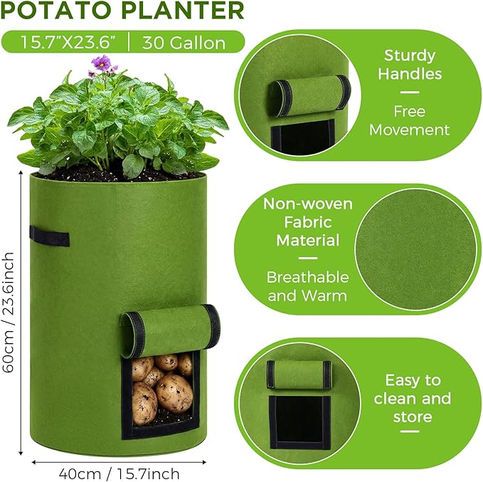 Yoojahow 2 Pack 30 Gallon Potato Grow Bags with Harvest Window, Durable Garden Planter Bags with Handles for Potatoes, Tomatoes, and Vegetables - Indoor & Outdoor Gardening Supplies (Black,Green)