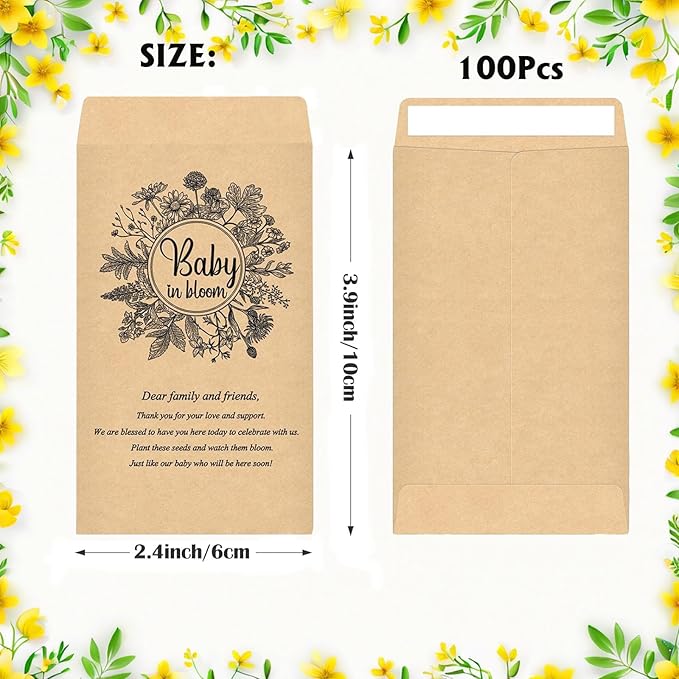 100Pcs Baby in Bloom Seed Packet, Wildflower Baby Shower Self Adhesive Envelopes, Small Paper Coin Envelopes Items Stamps Storage Packets for Flower Vegetable Seeds Garden Wedding Gift (Brown*100PCS)