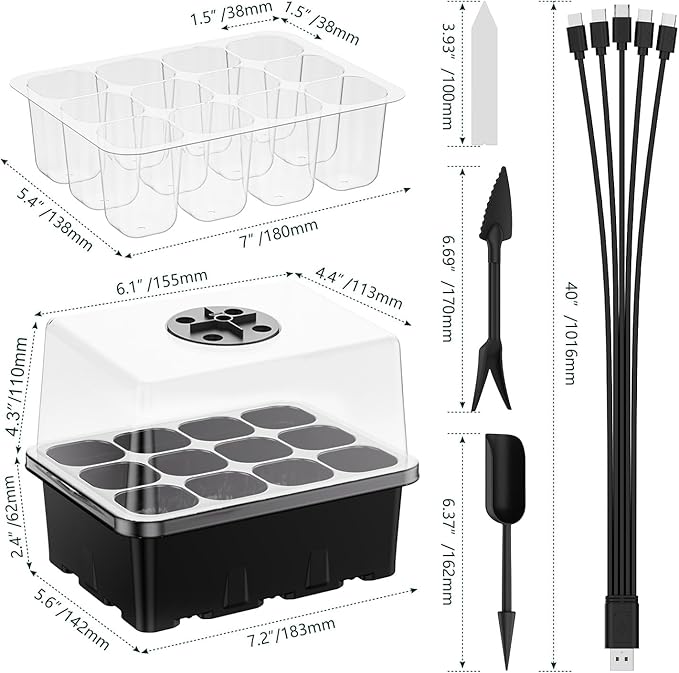 NBPLUS Seed Starter Tray with Grow Light, 5 Pack 60 Cells Seed Starter kit with Humidity Dome and Base, Plant Seedling Trays Indoor Greenhouse Gardening (Black 5 Pack)
