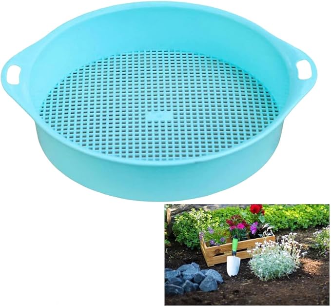 Round Garden Soil Sieve Pan, Gardening Sand Soil Compost Sifter 3mm Tetragonum Hole Soil Sifter Screen Filtering Earth and Stone Tools for Sieve Work of Small Gravel, Soil, Sand(Blue)