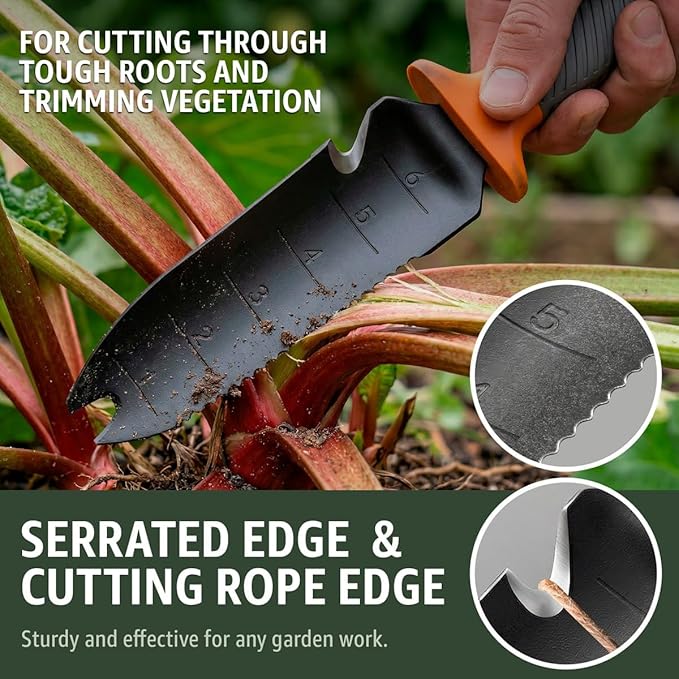 Hori Hori Garden Knife 7" with Sheath – Heavy Duty Stainless Steel Multi-Purpose Tool for Weeding, Digging & Planting, Serrated & Straight Full-Tang Blade with Weeding Fork, Safety Non-Slip Handle
