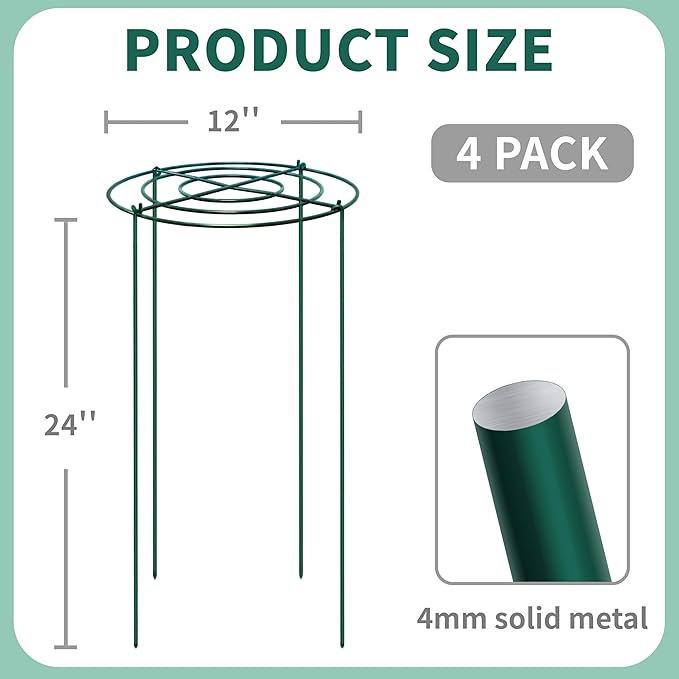 4 Sets Peony Support Cage,12"Diax24"High Heavy Duty Metal Plant Support,Grow Through Hoops Grids with 4 Thickened 4mm Legs,Strong Support Brace for Heavy Blossoms,Flower Support Ring for Peonies,Rose