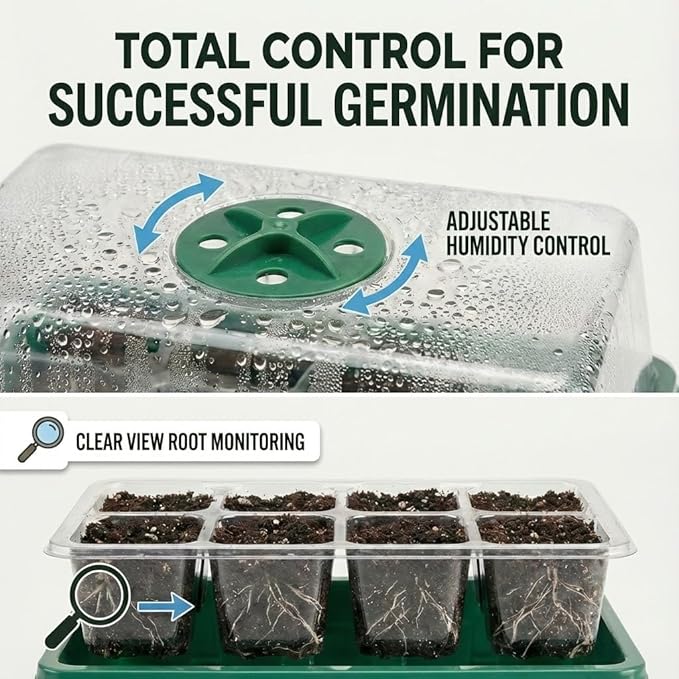 Seed Starter Tray kit with Grow Lights, 48 Cells Total (4 Trays of 12), Full Spectrum Mini Greenhouse for Indoor Plant Germination, Green