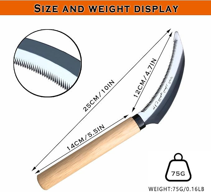 SHANFEEK Grass Sickle with Sawtooth Japanese Weeding Hoe Weeding Tools for Garden High Toughness Stainless Steel with Hard Solid Wood Handle(Beige)