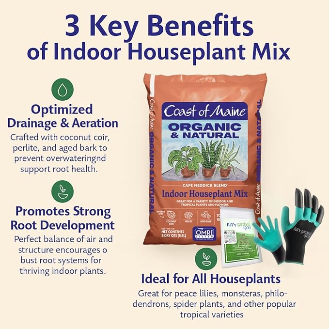 Coast of Maine HP4000 Cape Neddick Indoor Houseplant Mix 16 qt with My Garden Pool 7-in-1 Soil Test Strips, 20 ct. and Claw Gardening Gloves