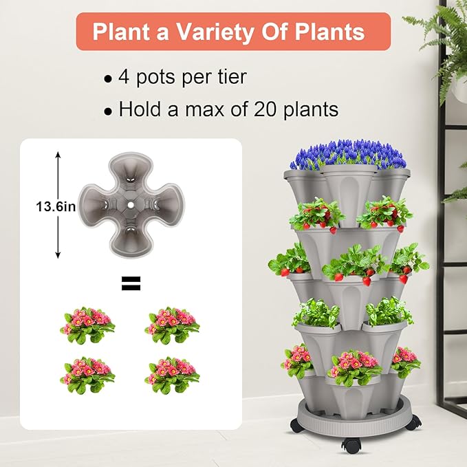 DUNCHATY Stackable Vertical Garden Planter with Wheels and Tools, Self-Watering Indoor/Outdoor 5-Tier Herb Planter for Growing Vegetables and Succulents, Gray
