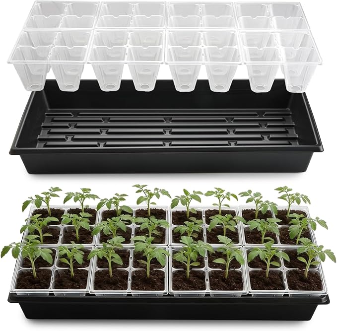 RooTrimmer 5 Pack Heavy Duty 1020 Trays and 40 Pack Clear 4 Cell Seed Starter Trays with Drainage Holes - Reusable Seed Starter Kit for Seed Germination & Plant Propagation (5 Sets)