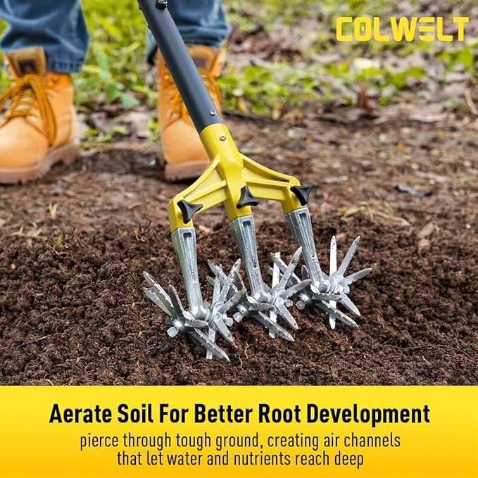 Colwelt Rotary Cultivator Garden Tool 61’’, Hand Tiller Garden Tool with Detachable Aluminum Tines, Cultivators for Gardening Soil or Reseeding Grass, Manual Cultivators & Tillers for Flowers Beds