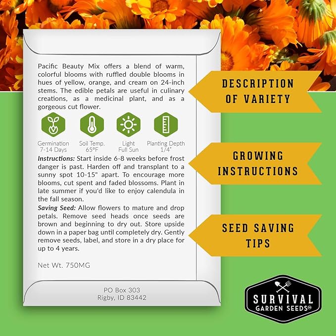 Pacific Beauty Mix Calendula Seeds for Planting – Colorful Heirloom Pot Marigold with Edible & Medicinal Flowers, Pollinator Friendly – Survival Garden Seeds (1 Pack)