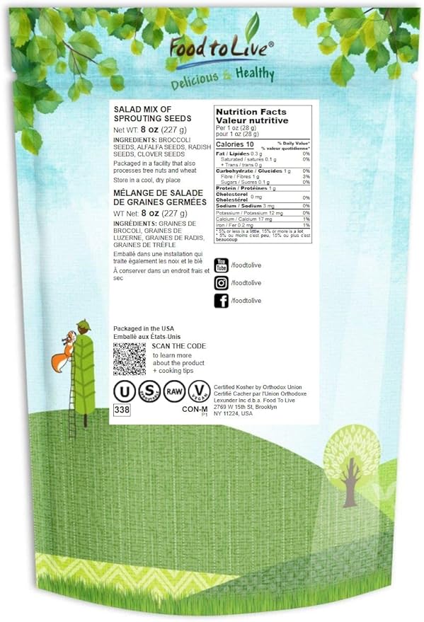 Food to Live - Salad Mix of Sprouting Seeds, 8 Ounces Broccoli, Clover, Radish, Alfalfa, Kosher, Raw, Vegan