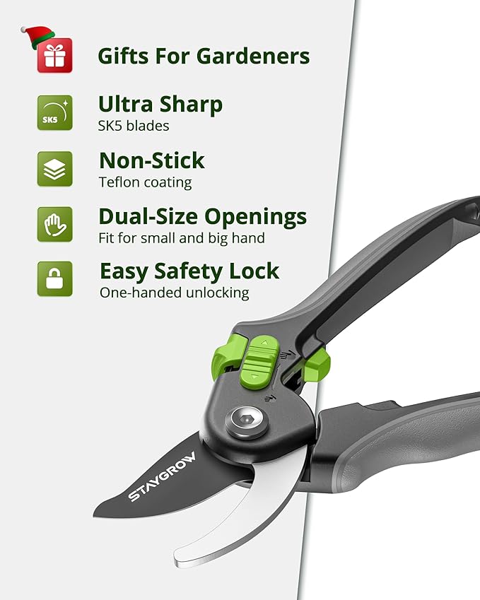 Pruning Shears for Gardening,8.5" SK5 Garden Shears Cuts 10000+ Times Staying Sharp, Garden Scissors with One-handed Unlocking&Adjustable Handle, Garden Clippers Gardening Tools for Men Women