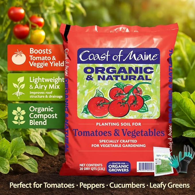 Coast of Maine TV3500 Tomato & Veg Planting Soil 20 qt with My Garden Pool 7-in-1 Soil Test Strips, 20 ct. and Claw Gardening Gloves