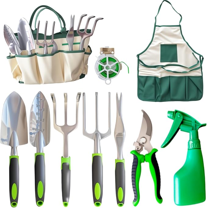 11-Piece Outdoor Gardening Tool Set, Suitable for Women, Seniors, and Left-Handed Users, Includes Tree pruners, Hand rakes, and a Watering can with Green Non-Slip Handles. (Gray)