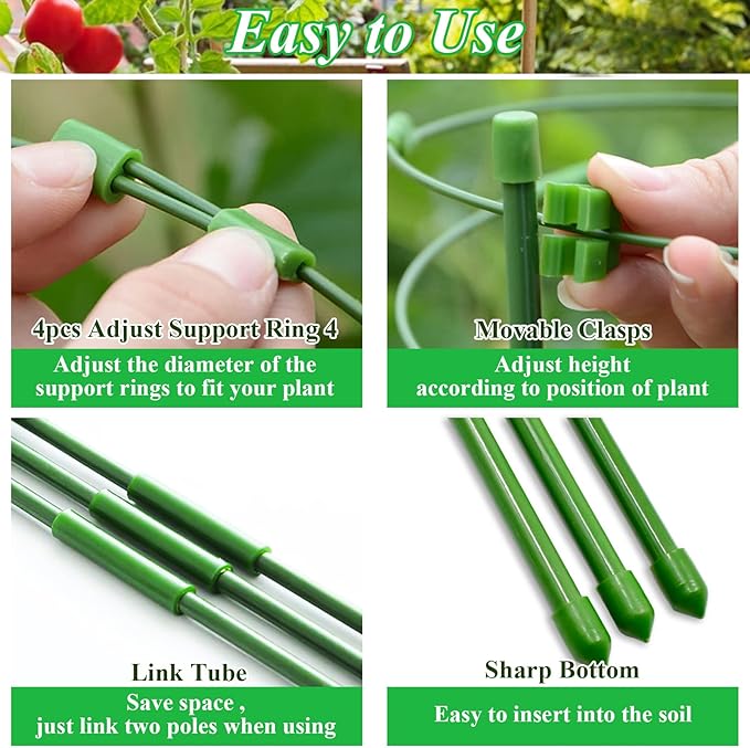 Legigo 4 Pack 24 Inch Plant Support Cages Tomato Cage for Garden- Plant Cages Adjustable Rings, Tomato Plant Support Stakes Trellis for Pots, Peppers, Cucumbers and Flowers with 10 Plant Clips