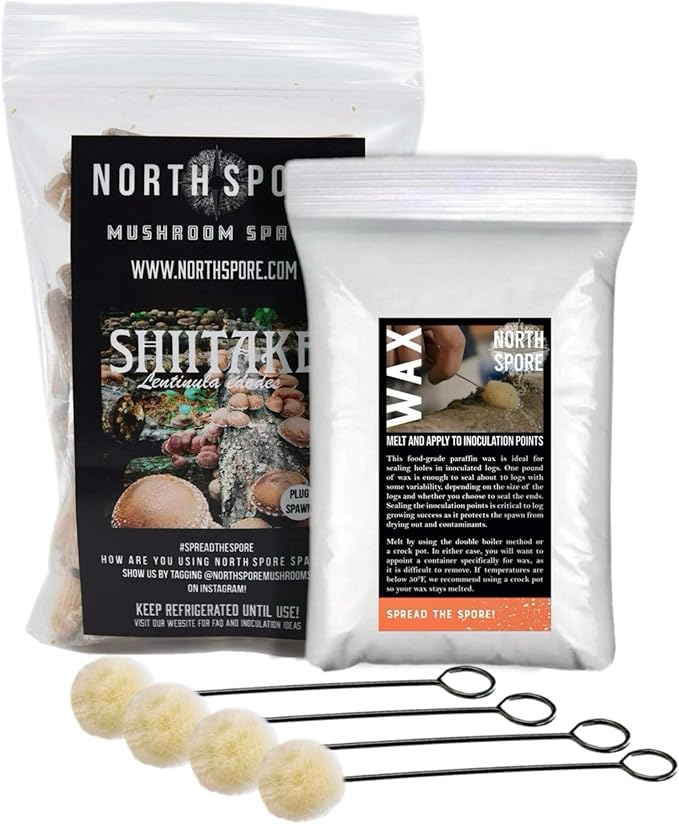 North Spore Log Inoculation Bundle with 100 ct Shiitake Plugs, (4-Pack) Daubers, and 1lb Wax