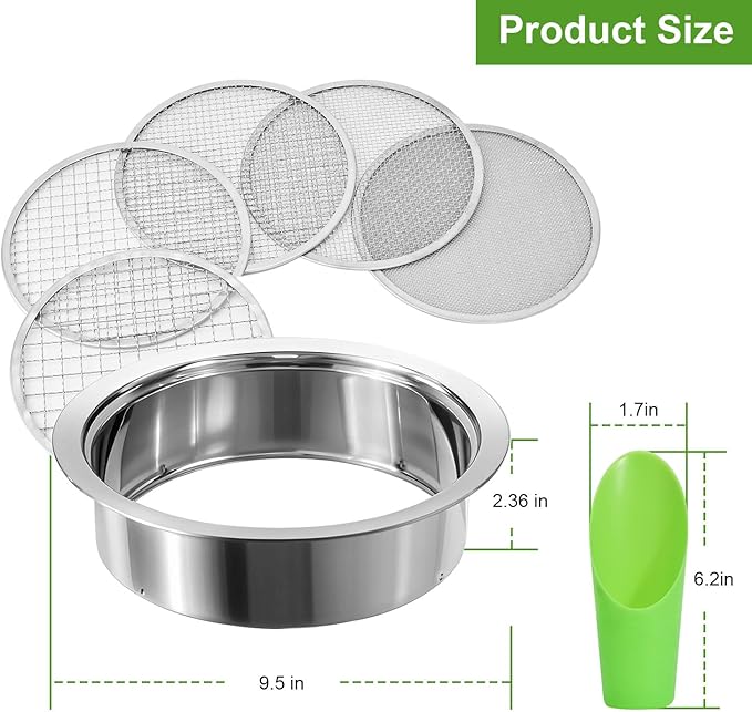 Soil Sieve Stainless Steel Riddle Sieve Set, 9.5" Diameter, Garden Sifter with 5 Filter Mesh Sizes 1,3,5,9,12mm and Bonsai Soil Scoops Gardening Tool