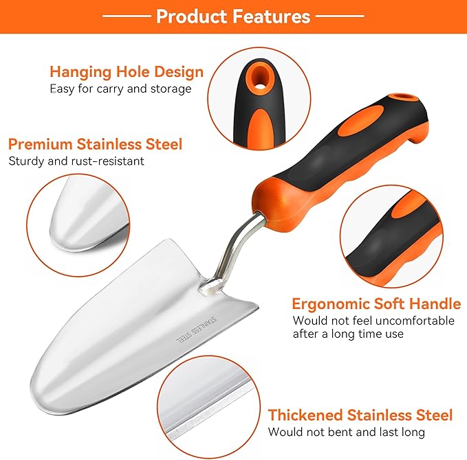 Garden Tool Set 3-in-1 with Heavy-Duty Trowel, Transplanter & Cultivator for Digging and Planting, Polished Cast-Aluminum Heads for Rust Resistance, Non-Slip SoftGrip Handles Reduce Fatigue