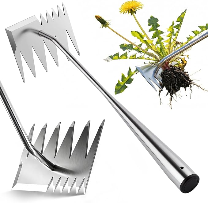Upgraded Weed Puller Tool, 4-Tooth Stainless Steel Manual Weeder, Garden Weed Remover Tool for Vegetable Gardening Backyard Farm Planting & Weeding