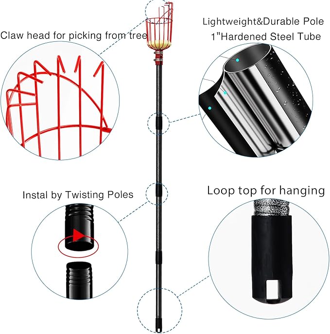 DonSail Fruit Picker Pole with Basket Telescoping, Citrus Orange Picker Pole with Basket 35-150 inch Long Handle, Mango Avocado Fig Acorn Pear Pomelo Chery Lemon Picker for Tree
