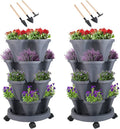 GameXcel Vertical Planter 4 Tier Stackable Planters Garden Planters Strawberry Herb Flower and Vegetable Planter Indoor Outdoor Gardening Pots with Removable Wheels and Tools