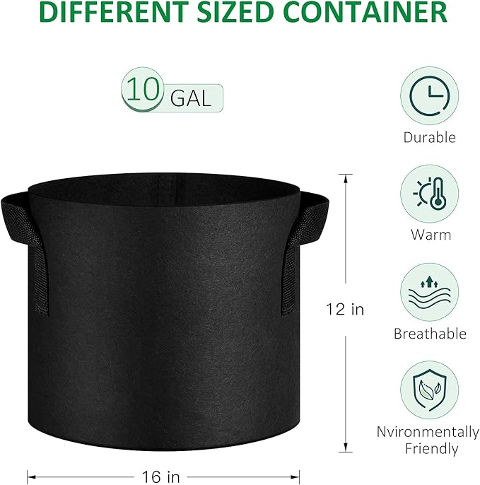 12-Pack 10 Gallon Thickened Non-Woven Grow Bags, Aeration Fabric Pots with Handles